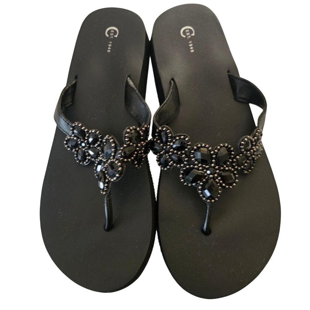 C. Est. 1946 Womens Black Beaded Floral Platform Flip Flops Wedge Sandals 10M